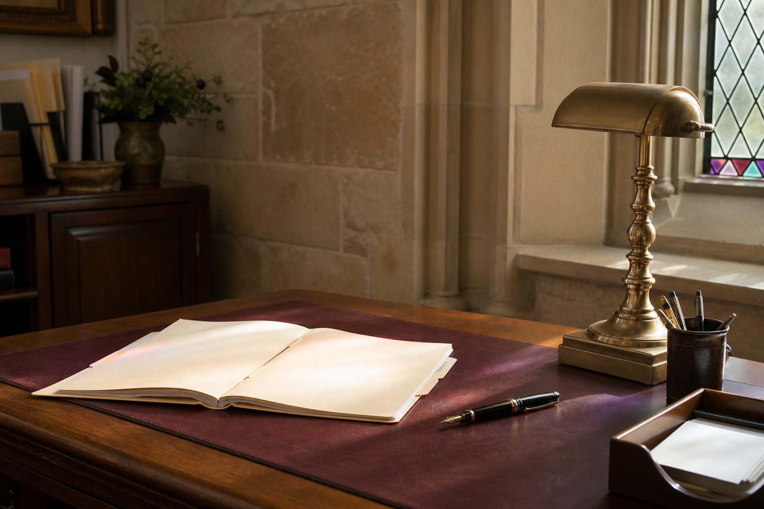 Church office desk with an open manila volunteer file, pen and brass lamp lit by soft daylight from an arched window.