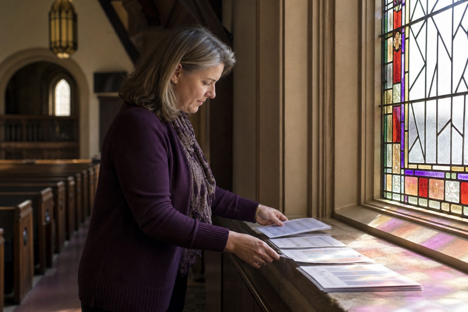 Church administrator arranging printed serving schedule sheets on a stone ledge below an arched sanctuary window.