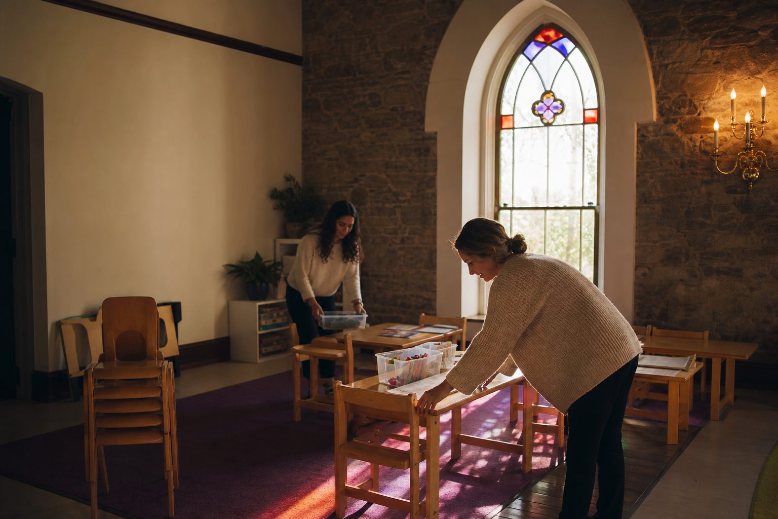Small church classroom with low tables and stacked chairs being set up, warm light through an arched window.