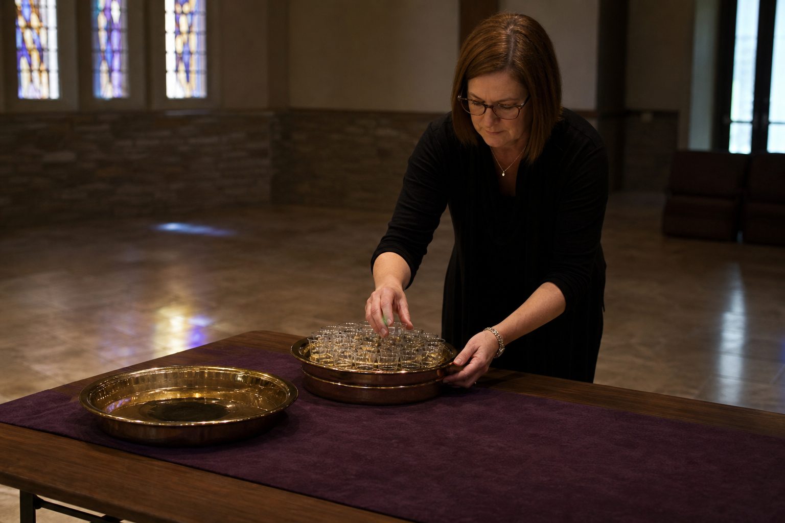 A lone volunteer setting out communion cups on a brass tray in a dim church fellowship hall before a service.